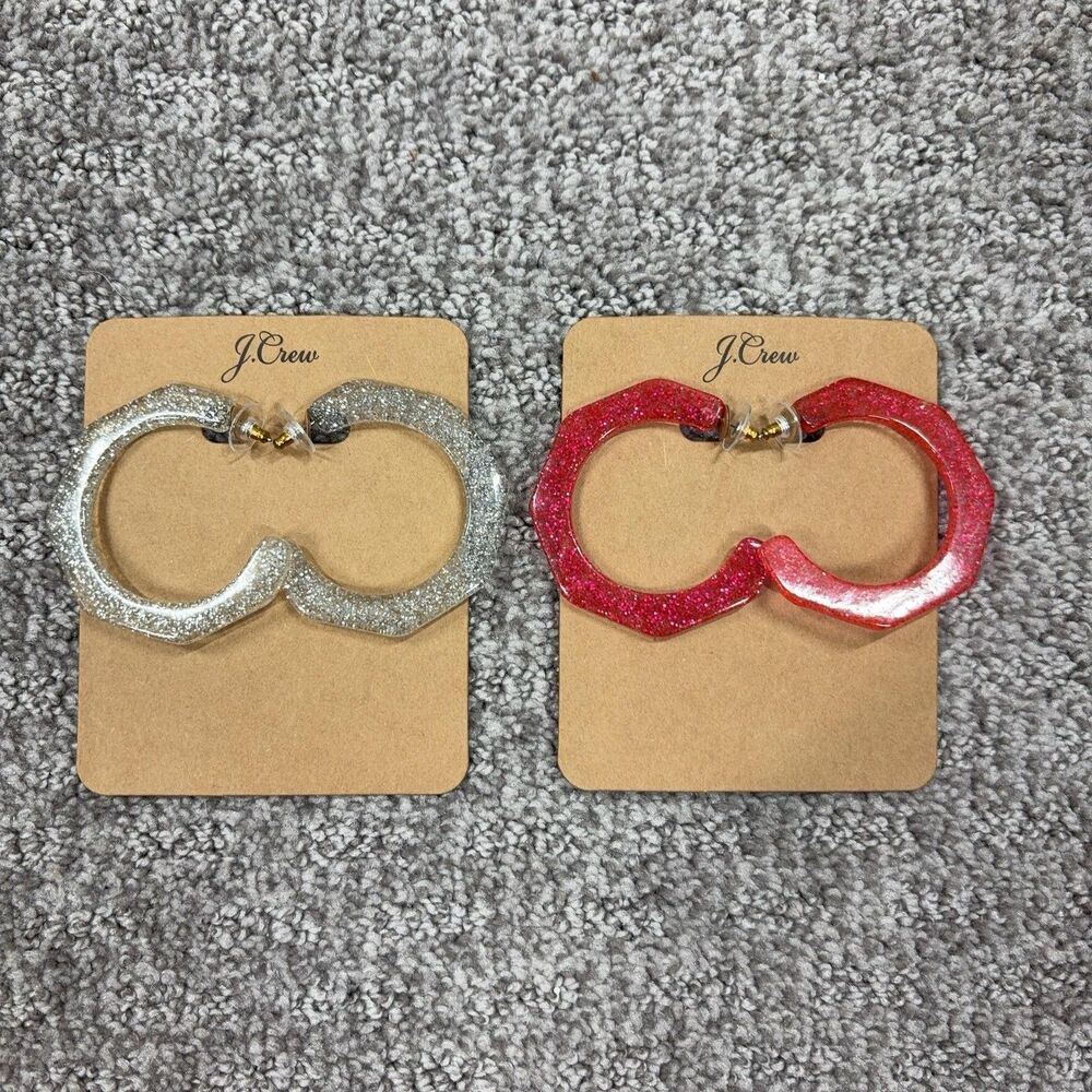 J Crew Earrings Glitter Resin Octagon Hoop Silver Pink Set Of 2 Women Jewelry